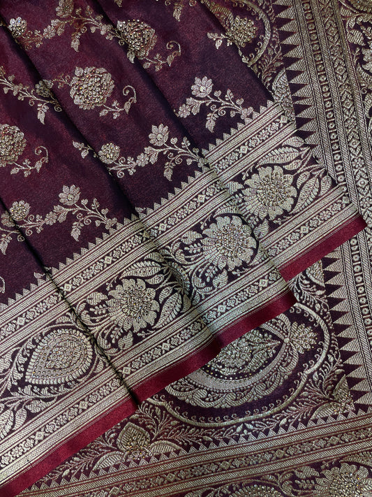 Dark Maroon Katan Banarasi Saree with Silver Zari Floral Weaving And Grand Pallu B0622ds
