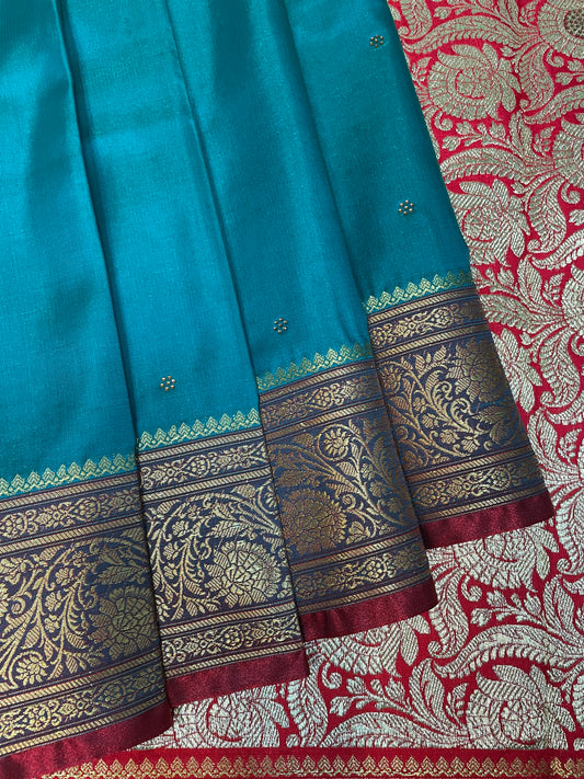 Teal Blue And Red Katan Banarasi Saree with Silver Zari Floral Weaving And Grand Pallu B0623ds