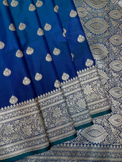 Dark Blue Katan Banarasi Saree with Gold Zari Floral Weaving And Grand Pallu B0661ds