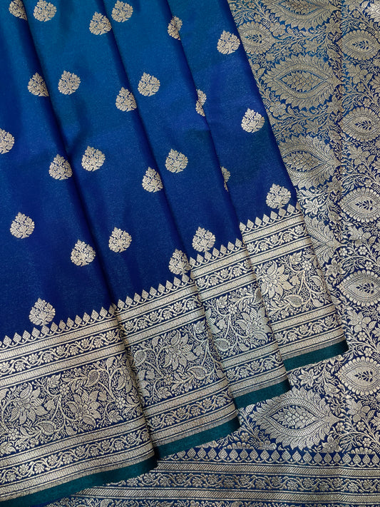 Dark Blue Katan Banarasi Saree with Gold Zari Floral Weaving And Grand Pallu B0661ds