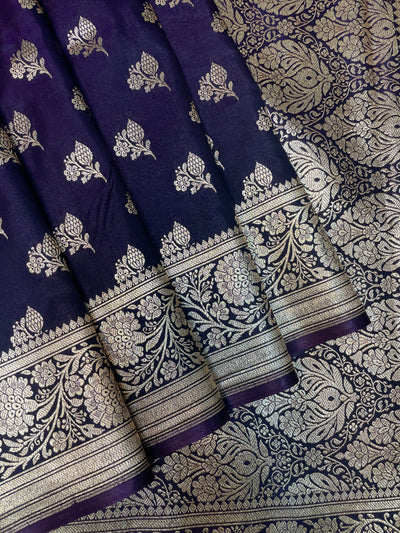 Navy Blue Katan Banarasi Saree with Gold Zari Floral Weaving And Grand Pallu B0664ds