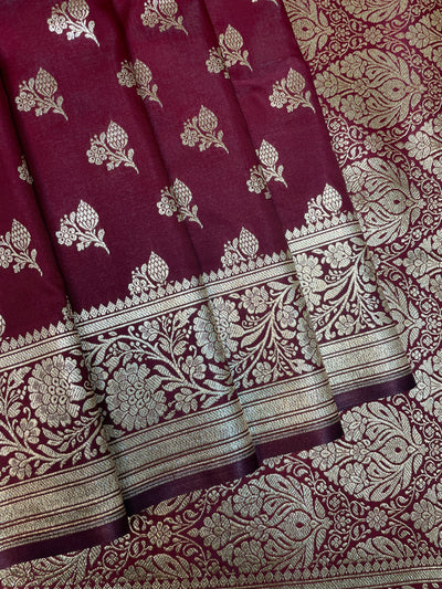 Maroon Katan Banarasi Saree with Gold Zari Floral Weaving And Grand Pallu B0665ds