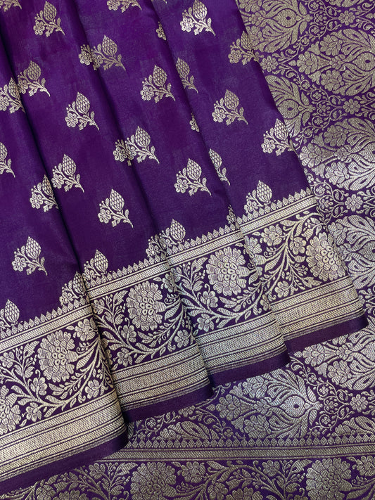 Purple Katan Banarasi Saree with Gold Zari Floral Weaving And Grand Pallu B0666ds