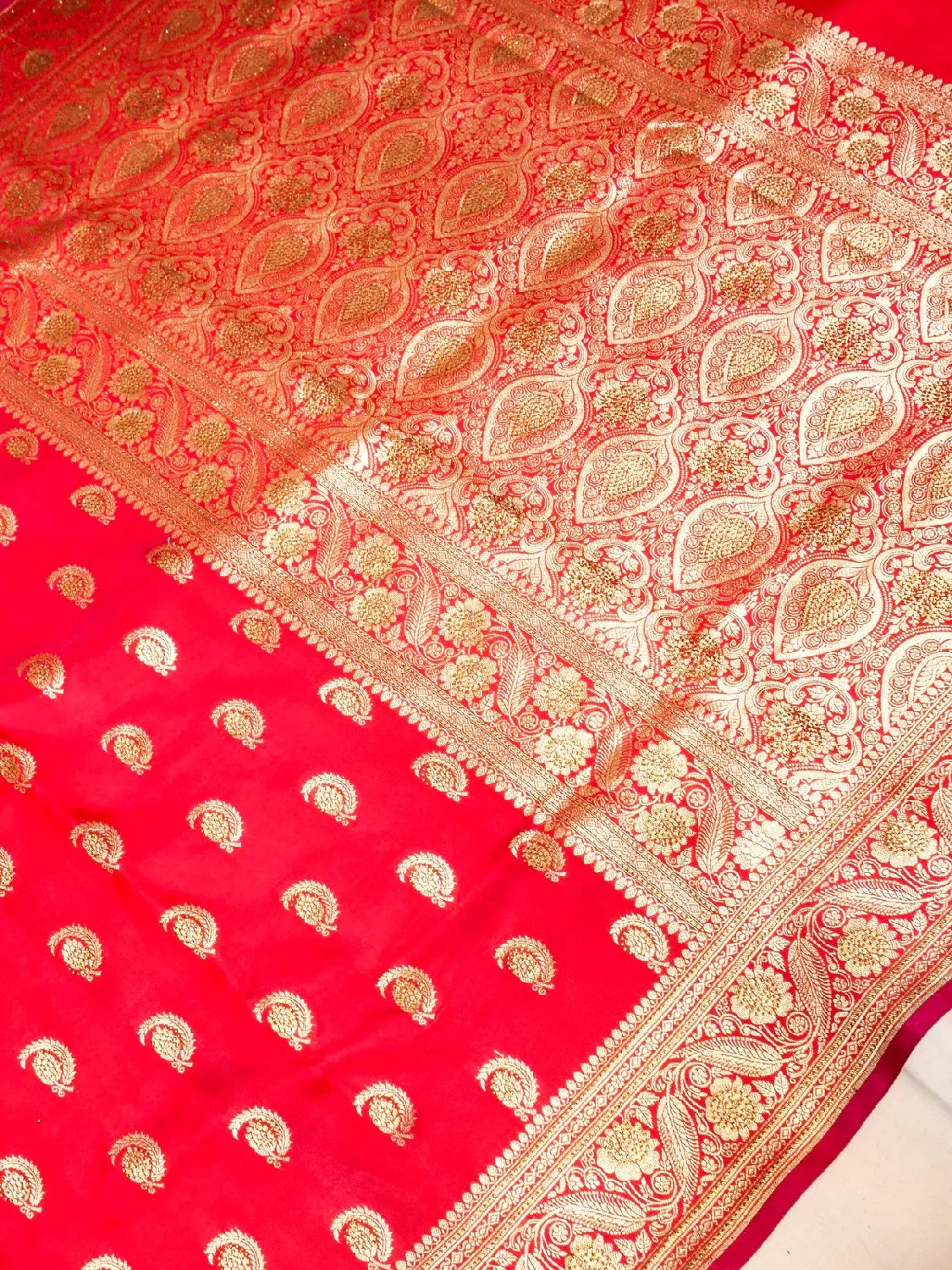 Red Banarasi Silk Saree with Crystal Stone Work Embellishments & Gold Zari Swarovski Work Butta DSK0062