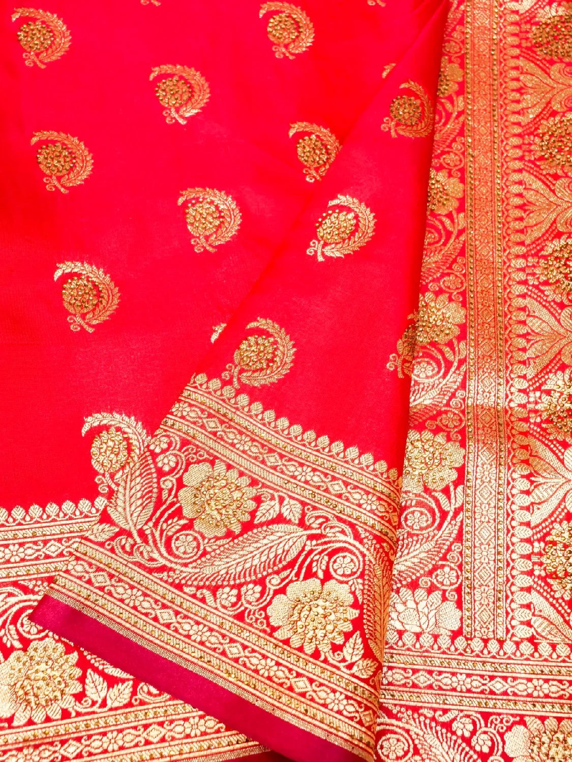 Red Banarasi Silk Saree with Crystal Stone Work Embellishments & Gold Zari Swarovski Work Butta DSK0062