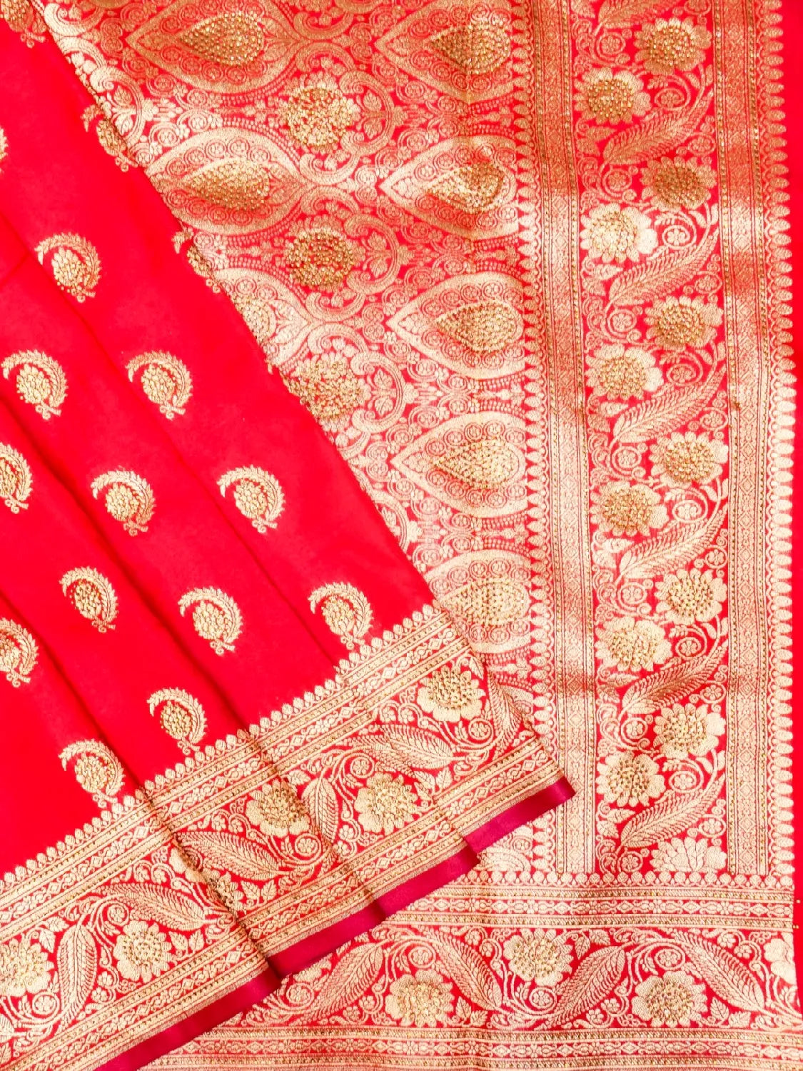 Red Banarasi Silk Saree with Crystal Stone Work Embellishments & Gold Zari Swarovski Work Butta DSK0062