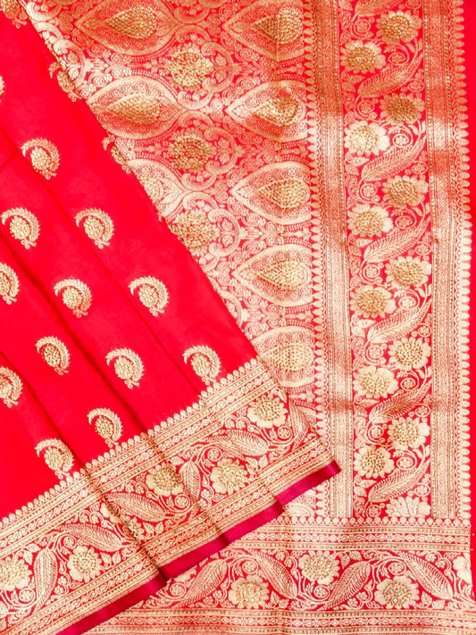 Red Banarasi Silk Saree with Crystal Stone Work Embellishments & Gold Zari Swarovski Work Butta DSK0062