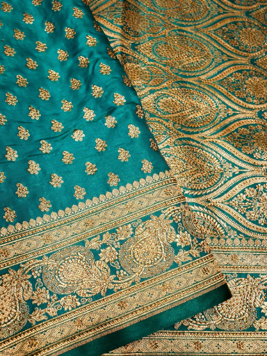 Teal Green Banarasi Silk Saree with Crystal Stone Embellishments & Heavy Paisley Pallu Zari Swarovski Work Butta DSK0063