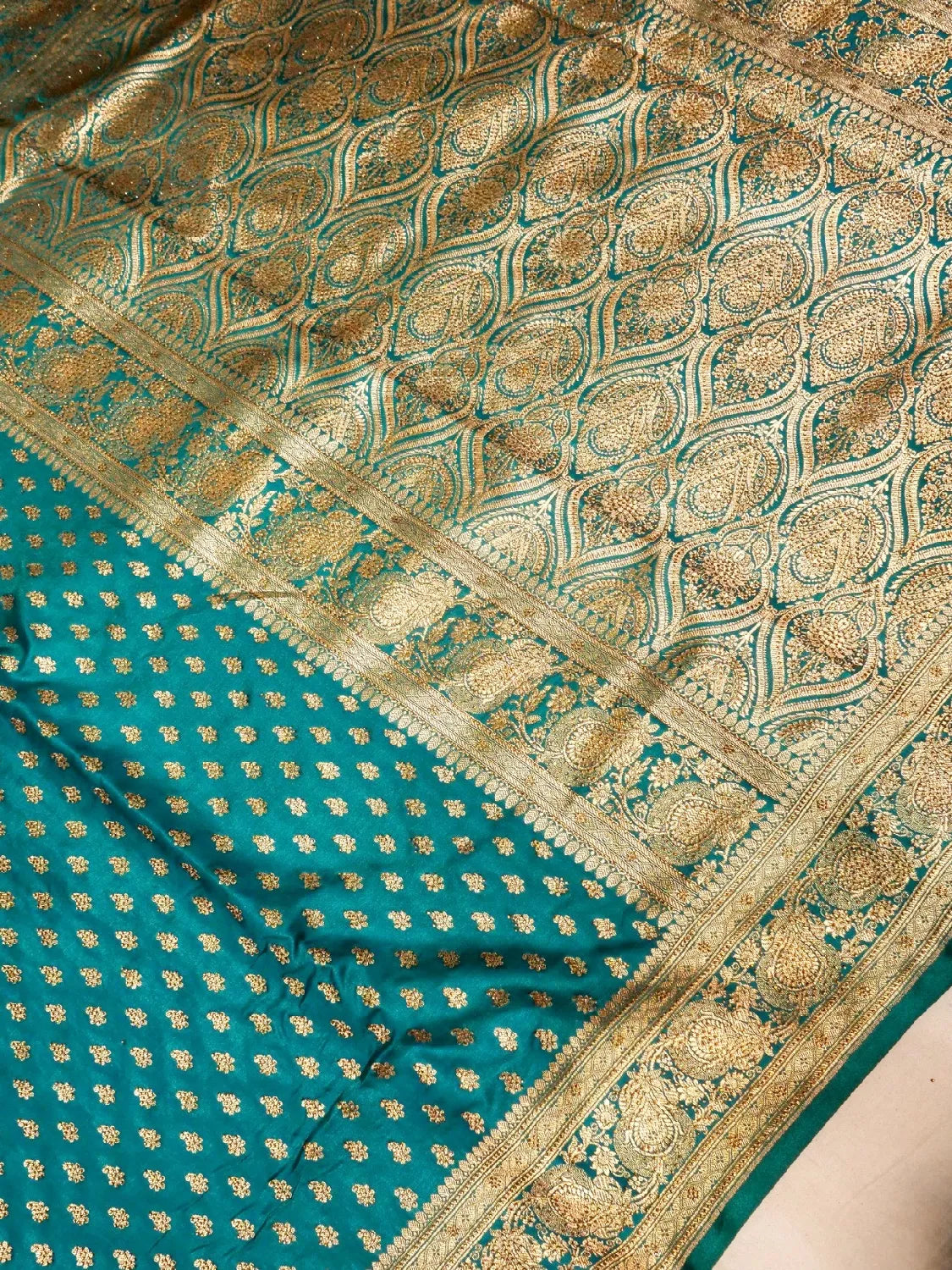 Teal Green Banarasi Silk Saree with Crystal Stone Embellishments & Heavy Paisley Pallu Zari Swarovski Work Butta DSK0063