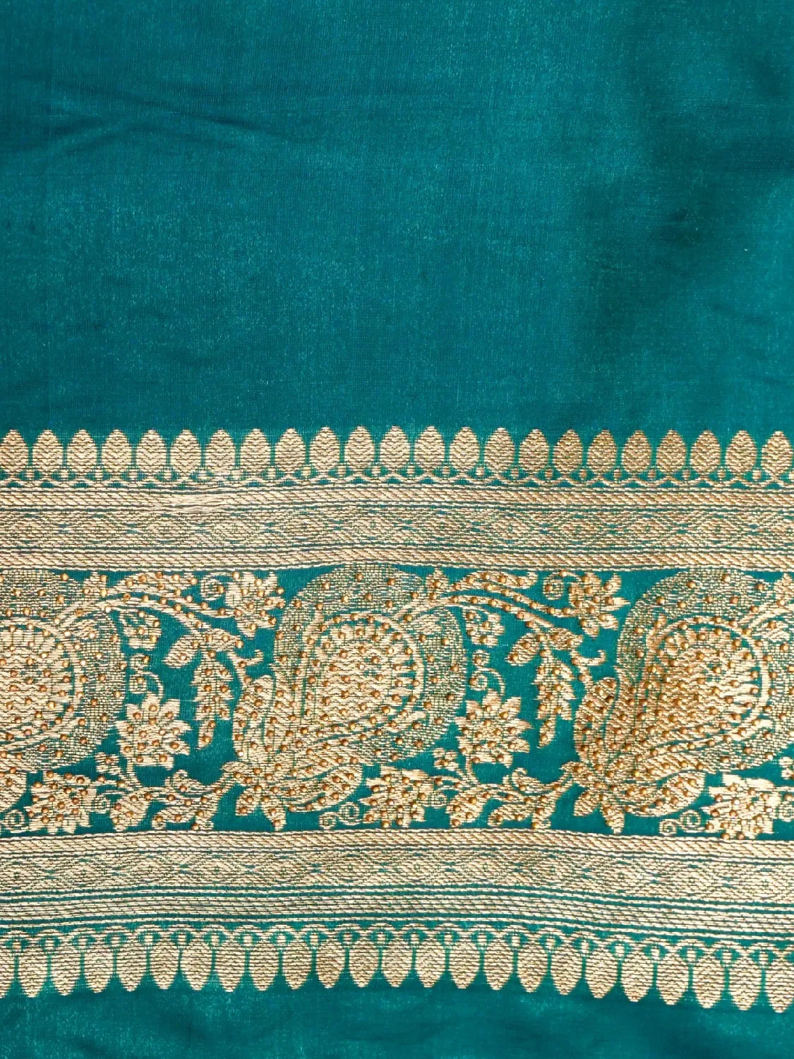 Teal Green Banarasi Silk Saree with Crystal Stone Embellishments & Heavy Paisley Pallu Zari Swarovski Work Butta DSK0063
