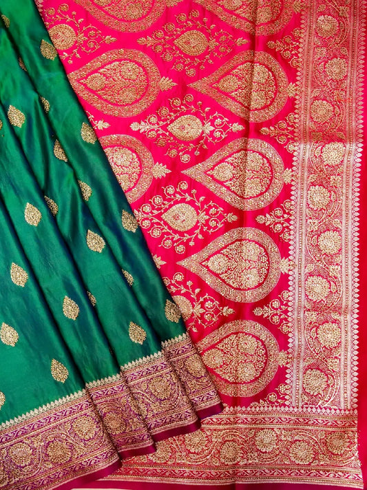 Bottle Green Banarasi Silk Saree with Contrast Pink Pallu & Crystal Stone Work Embellishments Swarovski Work Butta DSK0064