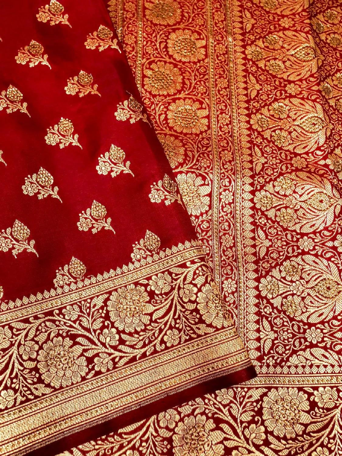 Classic Bridal Red Banarasi Silk Saree with Heavy Gold Zari Brocade &  Swarovski Work Floral Butta DSK0066