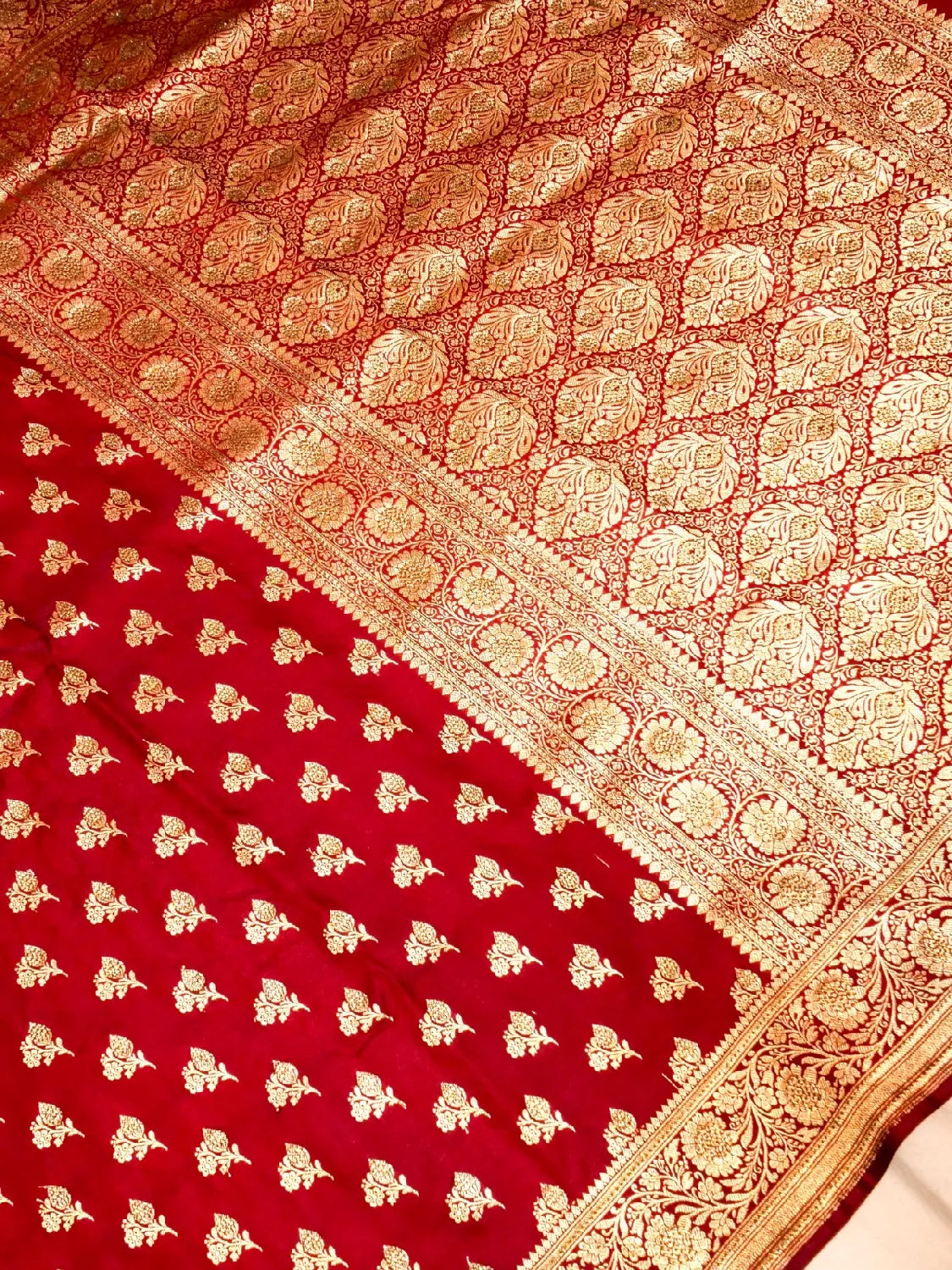 Classic Bridal Red Banarasi Silk Saree with Heavy Gold Zari Brocade &  Swarovski Work Floral Butta DSK0066