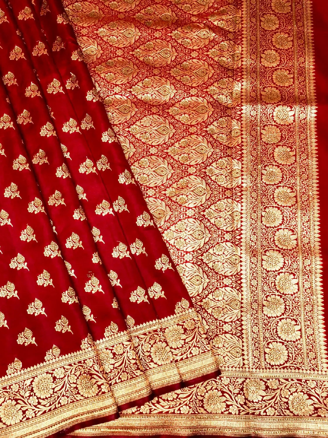 Classic Bridal Red Banarasi Silk Saree with Heavy Gold Zari Brocade &  Swarovski Work Floral Butta DSK0066
