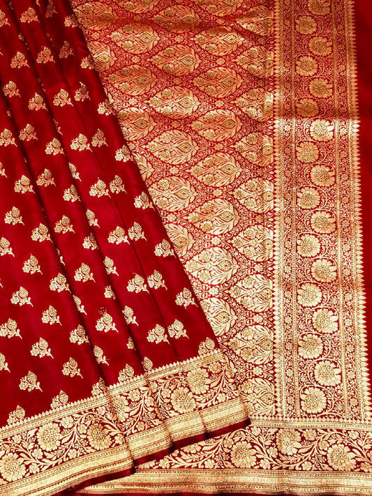 Classic Bridal Red Banarasi Silk Saree with Heavy Gold Zari Brocade &  Swarovski Work Floral Butta DSK0066