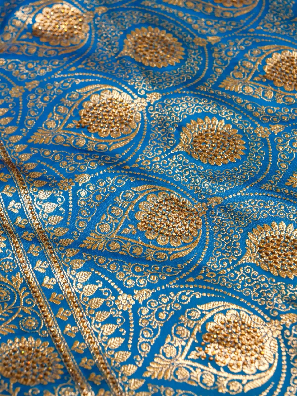 Frozi Blue Banarasi Silk Saree with Crystal Stone Work Embellishments & Gold Zari Swarovski Work Butta DSK0065