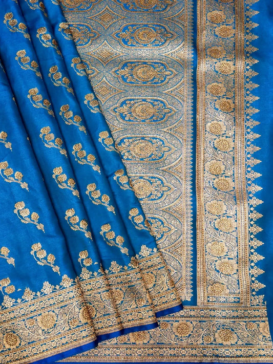 Azure Blue Banarasi Silk Saree with Crystal Stone Work Embellishments & Delicate Zari Sprigs & Swarovski Work Floral Butta DSK0067