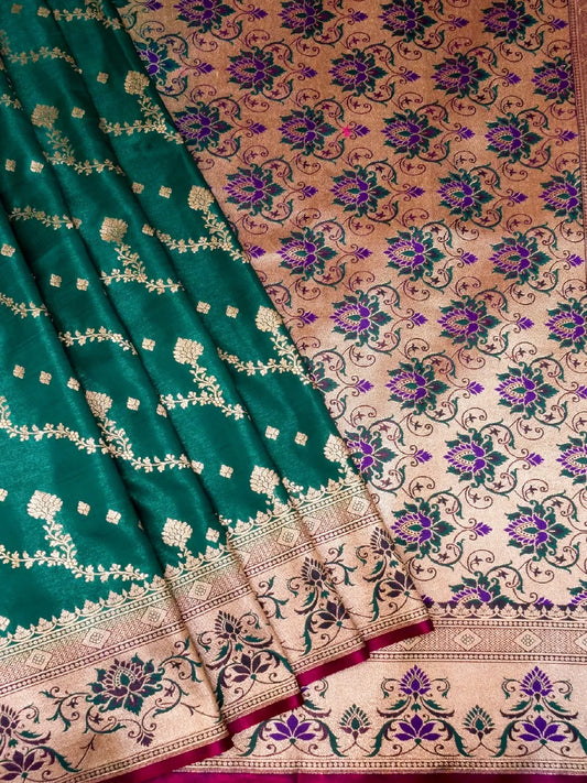 Emerald Green Banarasi Katan Silk Saree with Heavy Meenakari Pallu & Gold Zari Vines DSK0056