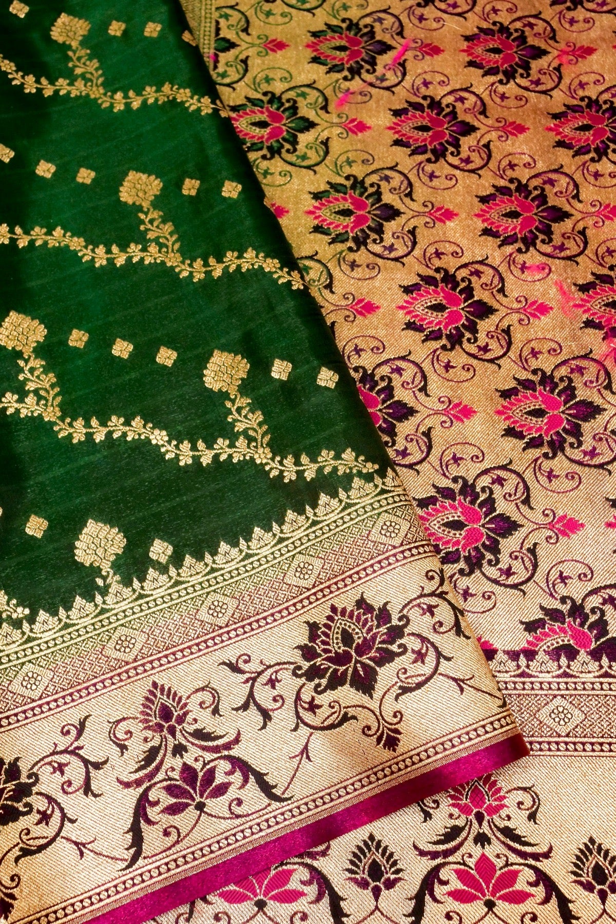 Bottle Green Banarasi Silk Saree with Pink Meenakari Pallu & Gold Zari Vines DSK0058