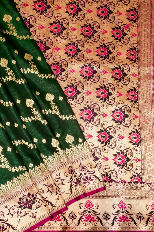 Bottle Green Banarasi Silk Saree with Pink Meenakari Pallu & Gold Zari Vines DSK0058