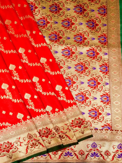 Radiant Red Banarasi Katan Silk Saree with Purple Meenakari Pallu & Gold Zari DSK0059
