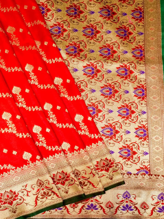 Radiant Red Banarasi Katan Silk Saree with Purple Meenakari Pallu & Gold Zari DSK0059