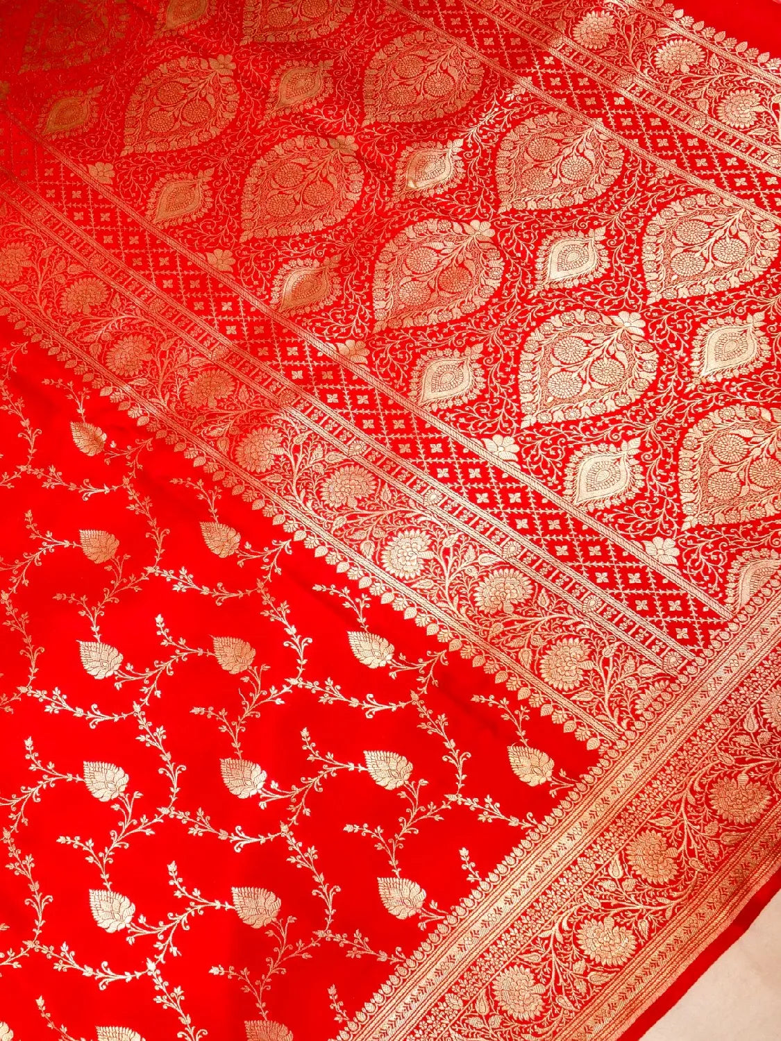Red Banarasi Silk Saree with Gold Zari Swarovski Work Butta DSK00124