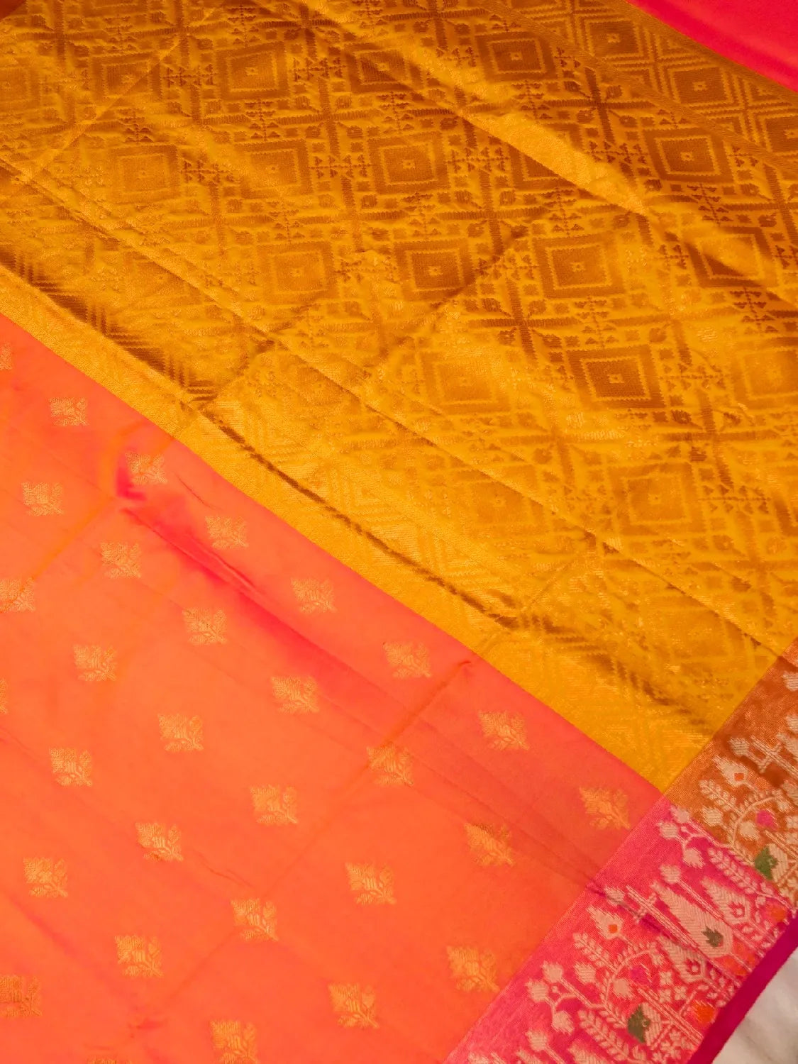Handloom Sunset Orange Banarasi Soft Silk Saree with Contrast Rani Pink Border DSK00109