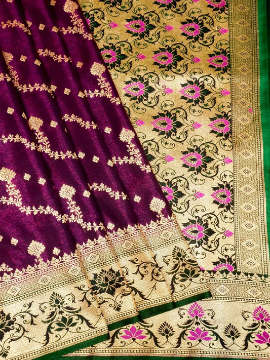 Deep Wine Banarasi Silk Saree with Pink Meenakari Pallu & Gold Zari DSK0061