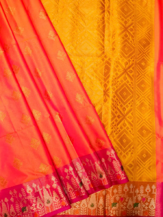 Handloom Sunset Orange Banarasi Soft Silk Saree with Contrast Rani Pink Border DSK00109