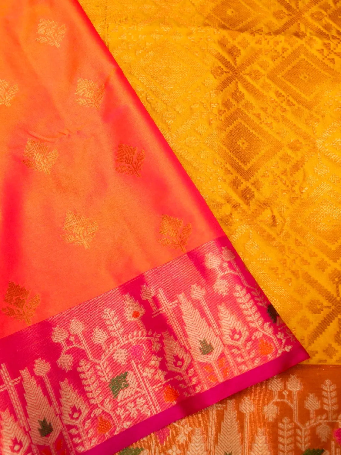 Handloom Sunset Orange Banarasi Soft Silk Saree with Contrast Rani Pink Border DSK00109