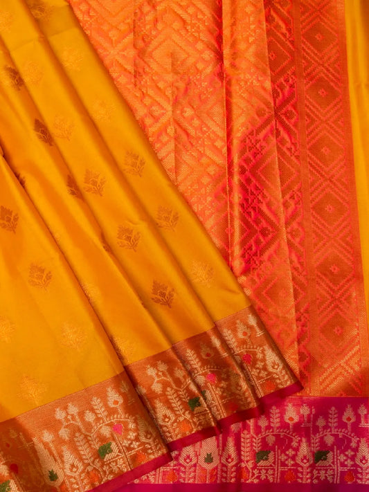 Handloom Mango Yellow Banarasi Silk Saree with Contrast Rust Orange Border & Geometric Pallu DSK00119