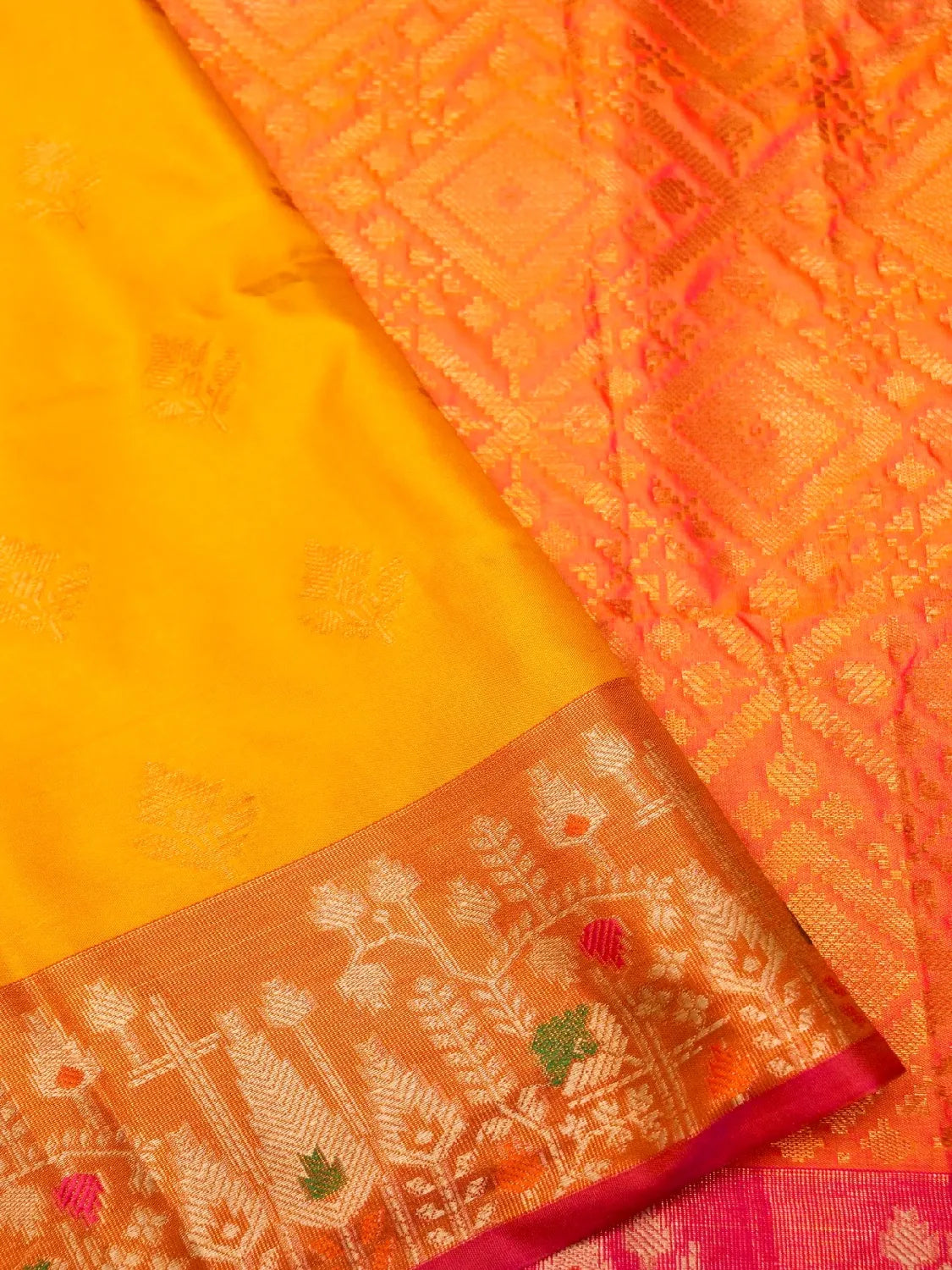 Handloom Mango Yellow Banarasi Silk Saree with Contrast Rust Orange Border & Geometric Pallu DSK00119