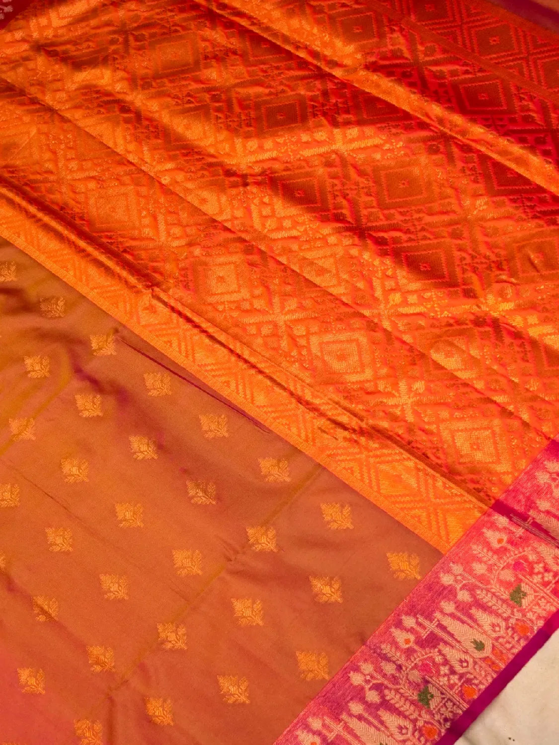 Handloom Rust Orange Banarasi Silk Saree with Contrast Wine Purple Border & Geometric Pallu DSK00117