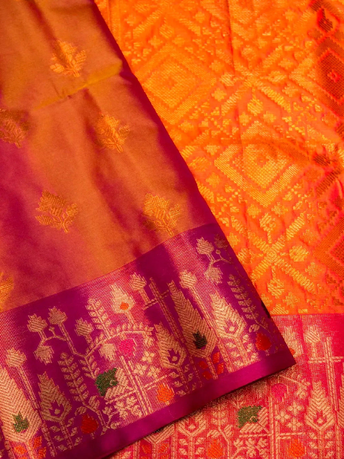 Handloom Rust Orange Banarasi Silk Saree with Contrast Wine Purple Border & Geometric Pallu DSK00117