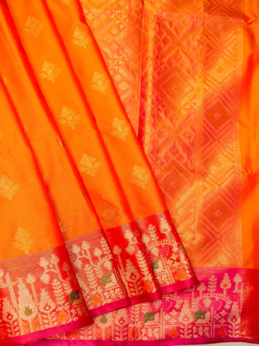 Handloom Bright Orange Banarasi Silk Saree with Contrast Pink Border & Geometric Pallu DSK00118