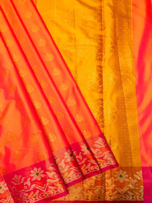 Handloom Tangerine Orange Banarasi Silk Saree with Contrast Pink Border & Floral Pallu DSK00110