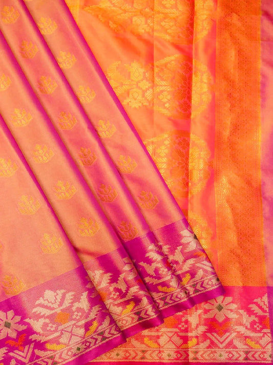 Handloom Peach Orange Banarasi Silk Saree with Contrast Pink Border & Floral Medallion Pallu DSK00122
