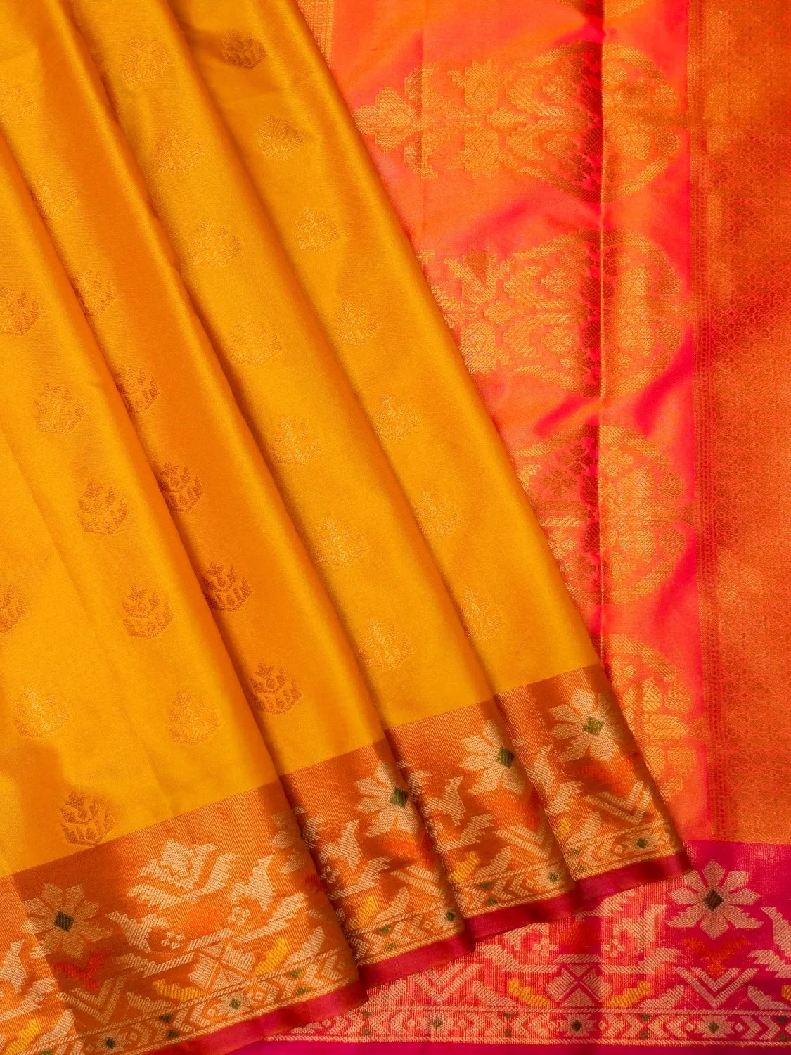 Handloom Mango Yellow Banarasi Silk Saree with Contrast Pink Pallu & Orange Border DSK00111