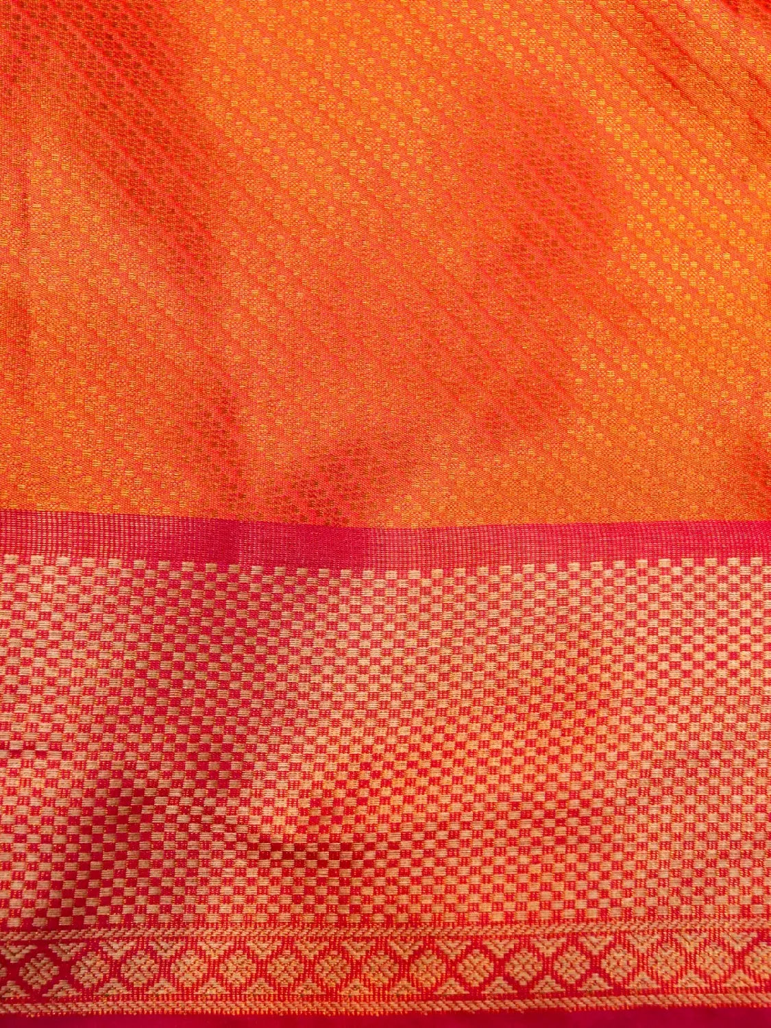 Handloom Sunset Orange Banarasi Silk Saree with Contrast Pink Border & Floral Medallion Pallu DSK00120