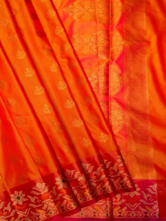 Handloom Sunset Orange Banarasi Silk Saree with Contrast Pink Border & Floral Medallion Pallu DSK00120