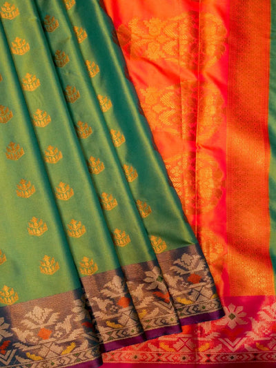 Handloom Leaf Green Banarasi Silk Saree with Contrast Indigo Border & Orange Pallu DSK00113
