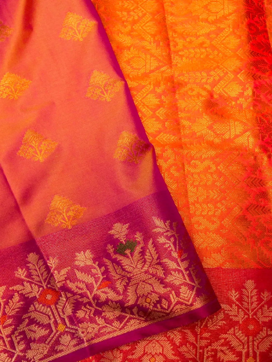 Handloom Rani Pink Banarasi Silk Saree with Contrast Violet Border & Orange Pallu DSK00114