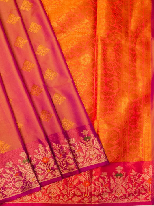 Handloom Rani Pink Banarasi Silk Saree with Contrast Violet Border & Orange Pallu DSK00114