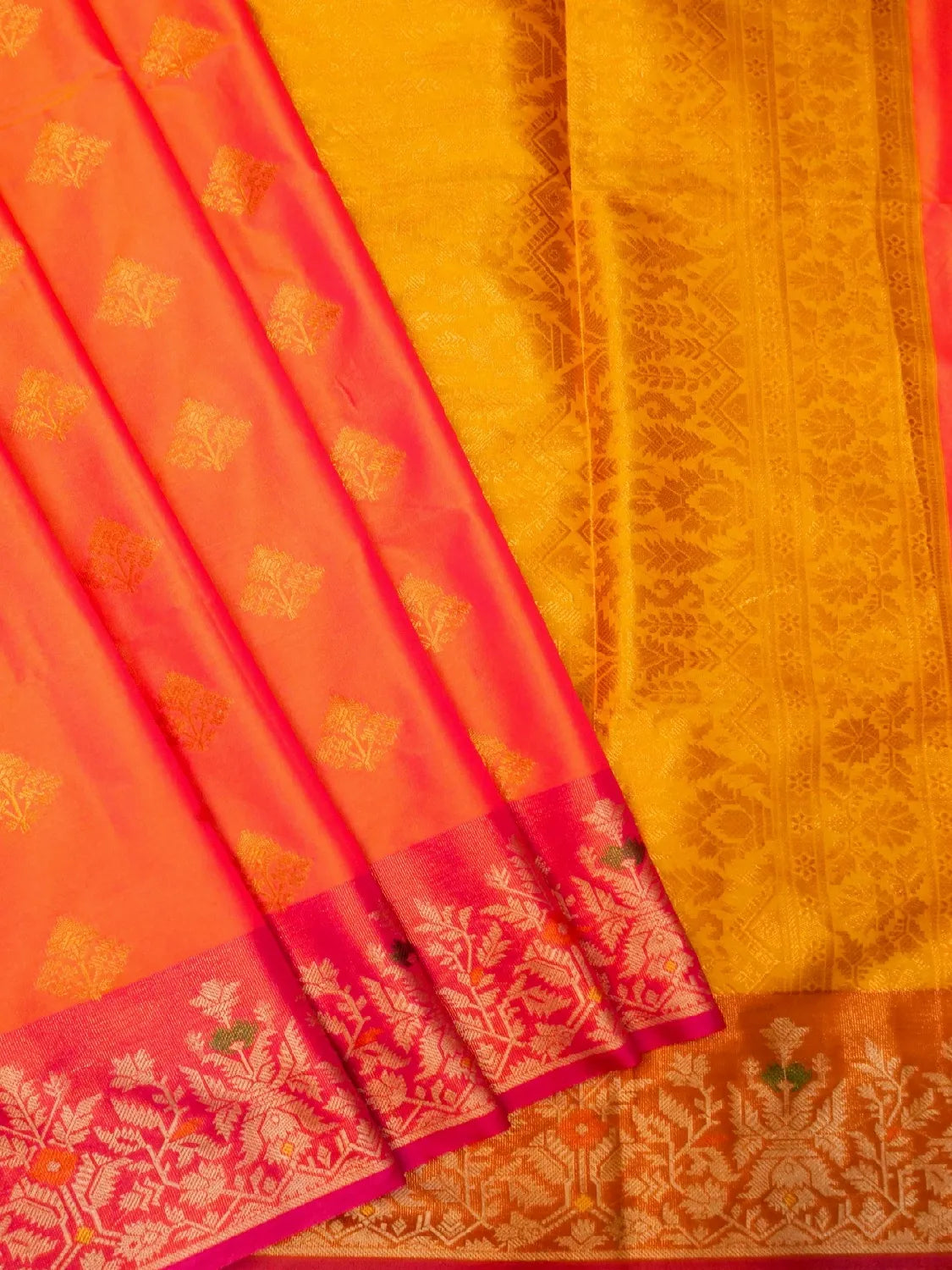 Handloom Coral Orange Banarasi Silk Saree with Pink Border & Gold Zari Tree Motifs DSK00116
