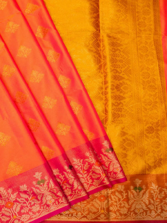 Handloom Coral Orange Banarasi Silk Saree with Pink Border & Gold Zari Tree Motifs DSK00116