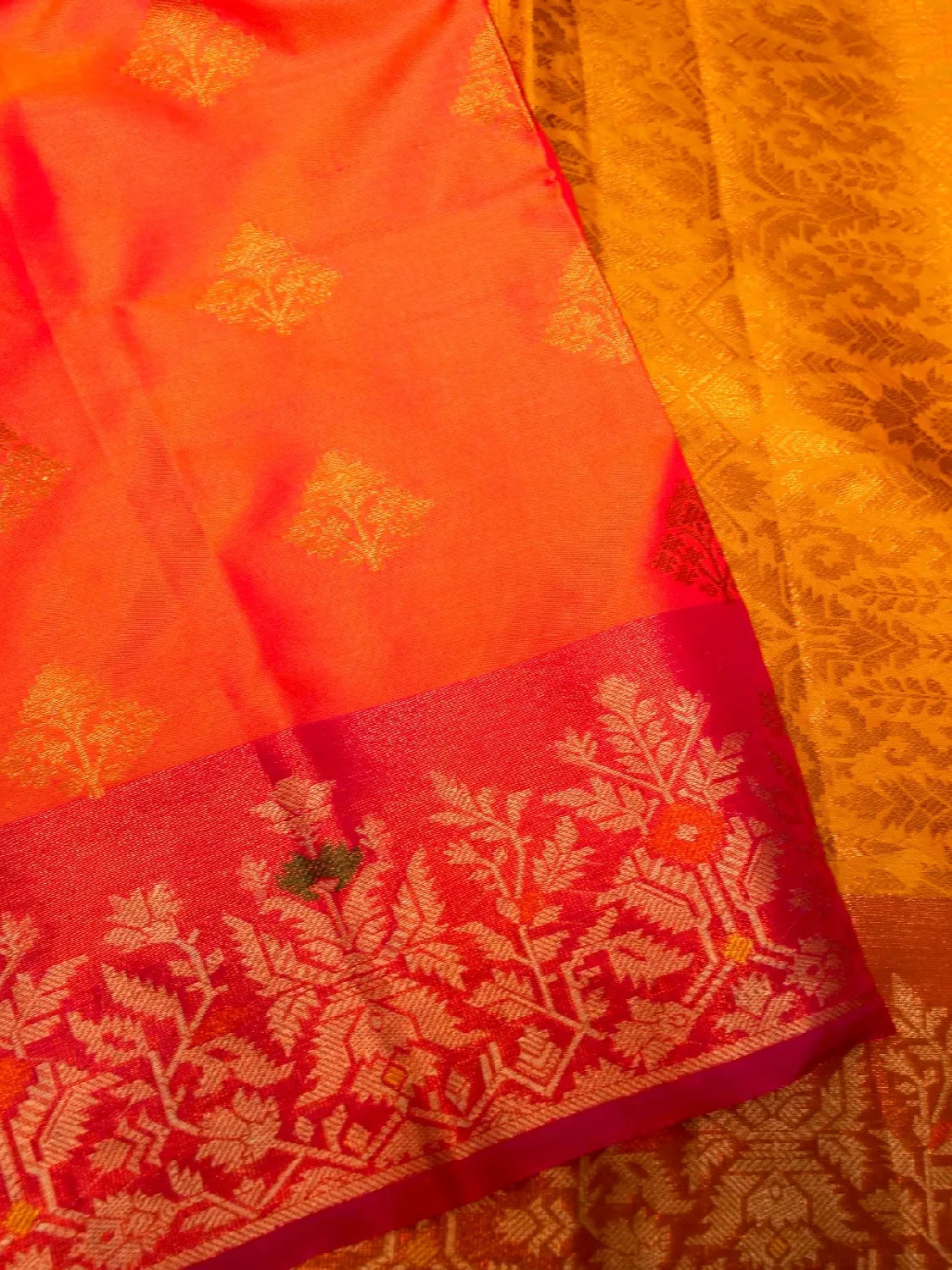Handloom Coral Orange Banarasi Silk Saree with Pink Border & Gold Zari Tree Motifs DSK00116