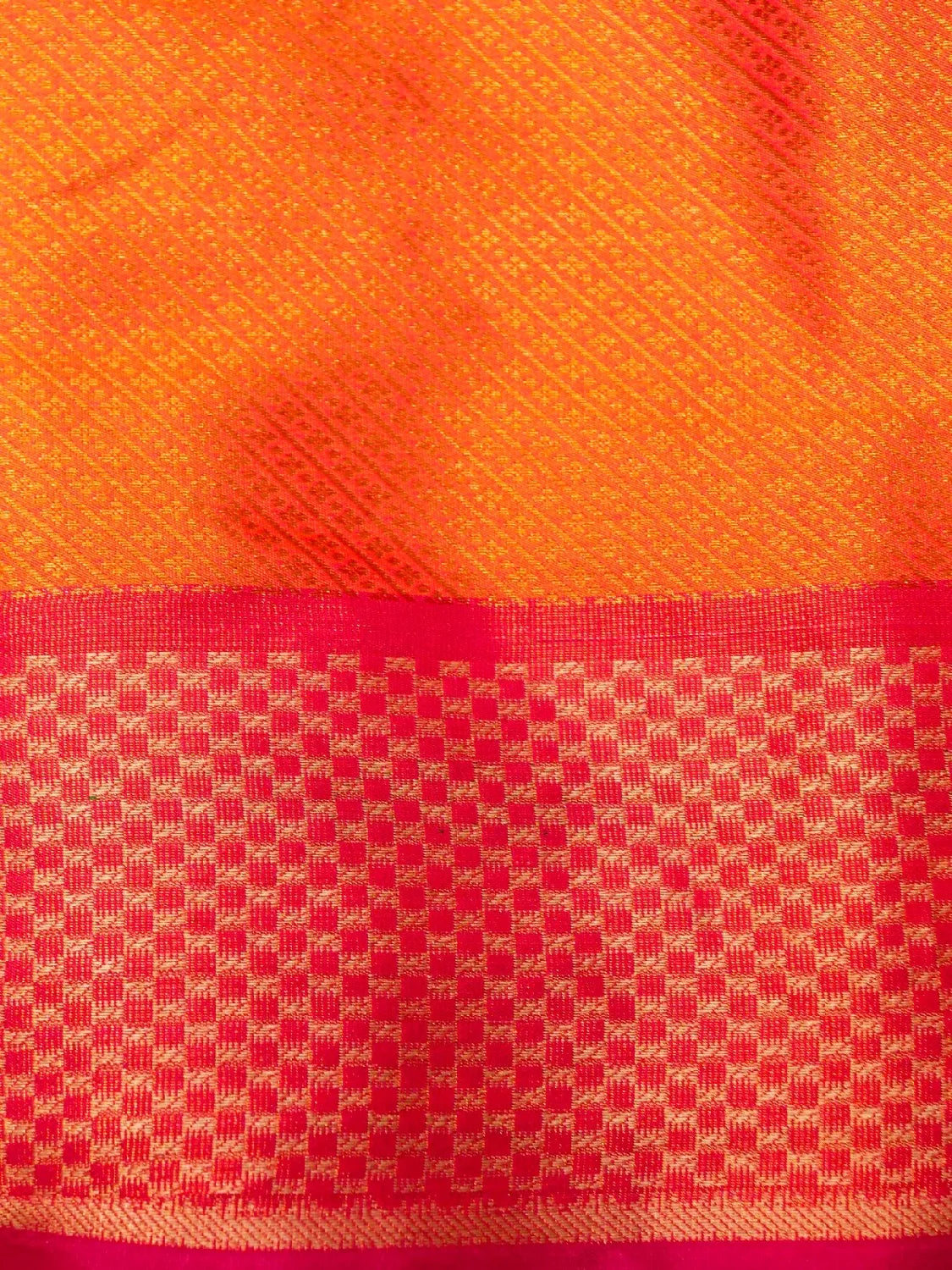 Handloom Turmeric Yellow Banarasi Silk Saree with Contrast Orange Border & Pink Pallu DSK00115