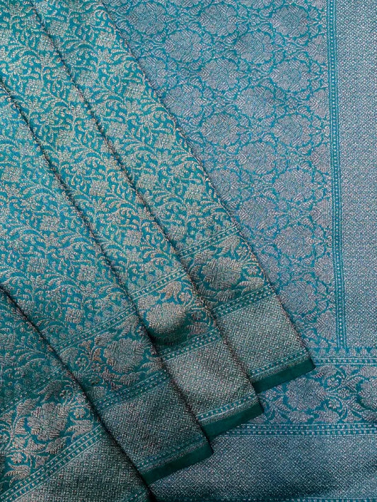 Radiant Firozi Teal Banarasi Katan Silk Saree with Silver Zari ‘Jangla’ Weave DSK0068