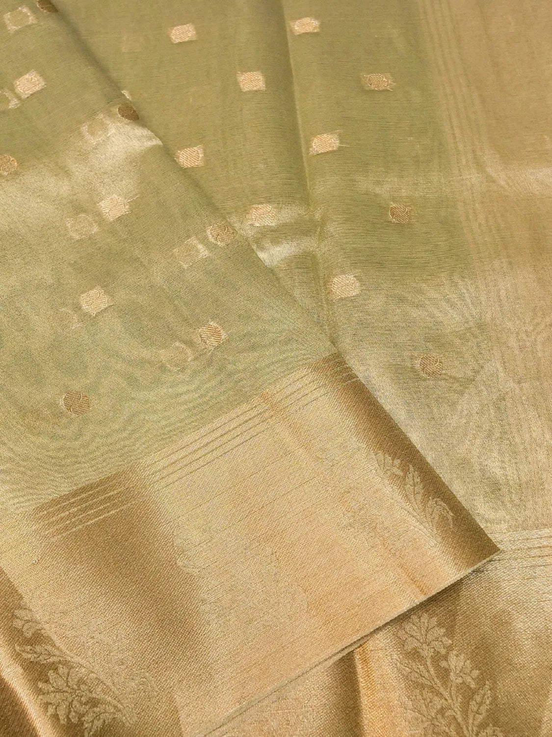 Handloom Sage Green Banarasi Tissue Silk Saree with Gold Zari Buti DSK0070